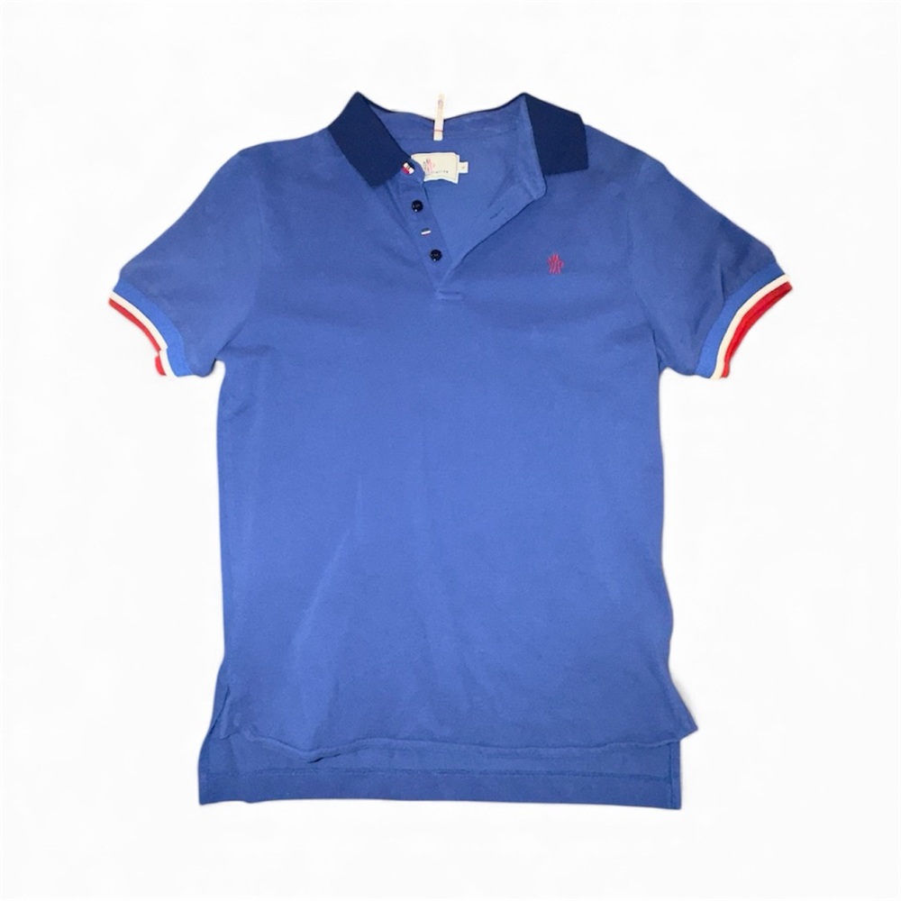 MONCLER MENS Blue Polo Shirt with Red Logo